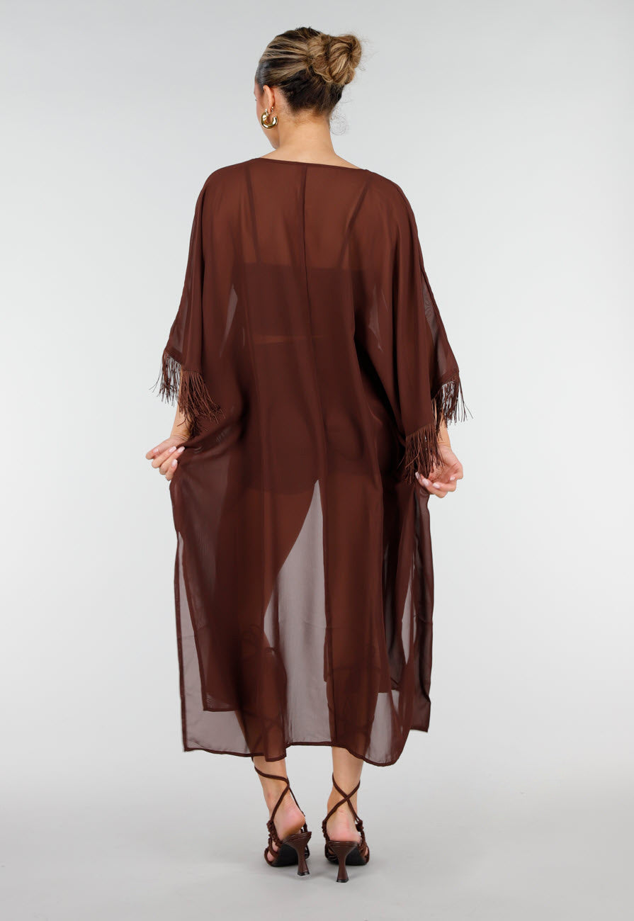 Bruine Kimono met Halflange Mouwen en Franjes