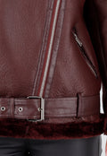 Bordeaux Rode Imitatie Leren Biker Jas met Faux Fur