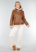 Bruine Imitatie Leren Biker Jas met Faux Fur