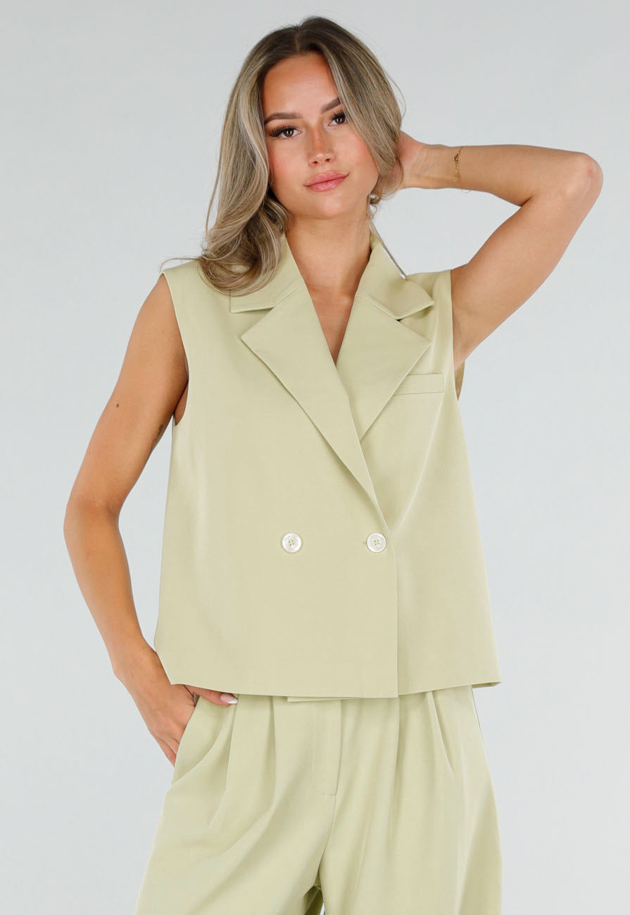 Pistache Groene Double Breasted Gilet met Reverskraag