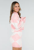 Roze Gebreide Ruitpatroon Set met Trui en Rok