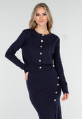 Donkerblauwe Knitted Set met Knopen en Split in de Rok