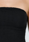 Zwarte Strapless Midi Jurk met Split en Stretch