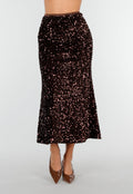 Bruine Midi Rok met All Over Pailletten en Subtiele Uitlopende Zoom