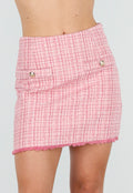 Roze Tweed Mini Rok met Rafelrand en Gouden Knopen