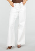 Witte Wide Leg Jeans met Bruine Stiksels en Mid Waist Pasvorm