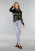Zwarte Longsleeve Geplooide Lederlook Top