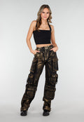 Zwarte Cargo Jeans met Gouden Metallic Coating en Zakken