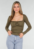 Khaki Push-Up Longsleeve Top met Gerimpelde Bustier