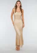 Nude Lange Glitter Jurk met Strass Steentjes en  Stretch