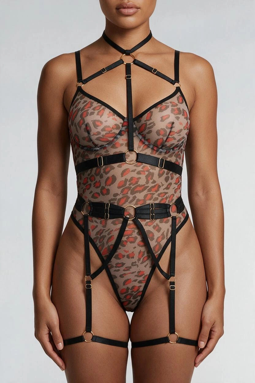 Mesh Luipaard Body met Beugels en Kinky Straps