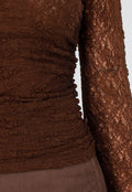 Bruine See Through Kanten Top met Gedrappeerd Effect
