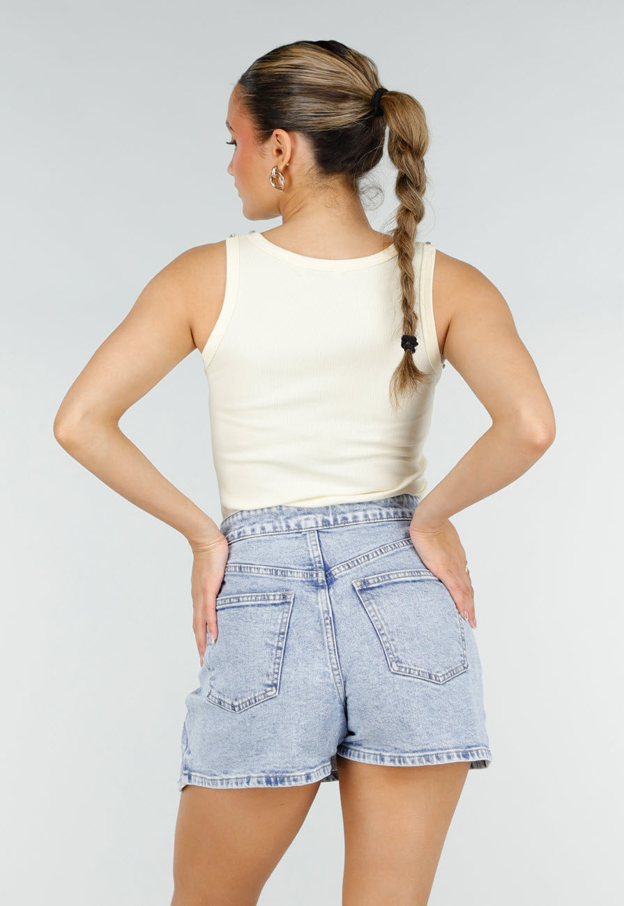 Lichtgele Rib Tank Top met Glitters en Aansluitende Pasvorm