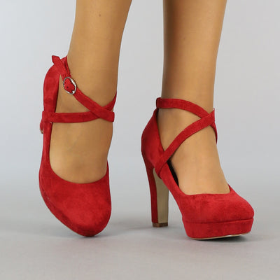 Rode Suède-Look Pumps met Enkelbandje