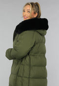 Donkergroene Oversized Puffer Jas met Bontkraag