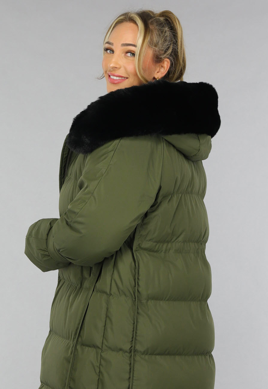 Donkergroene Oversized Puffer Jas met Bontkraag