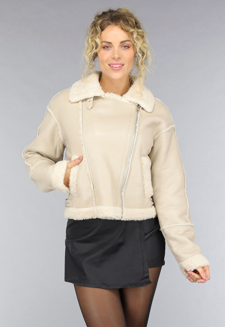 Beige Lederlook Jas met Teddy Voering