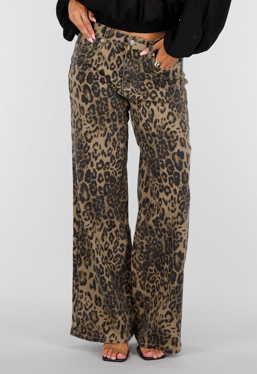 Bruine Wide Leg Jeans met Luipaardprint en Steekzakken