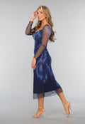 Blauwe Marble Mesh Midi Jurk
