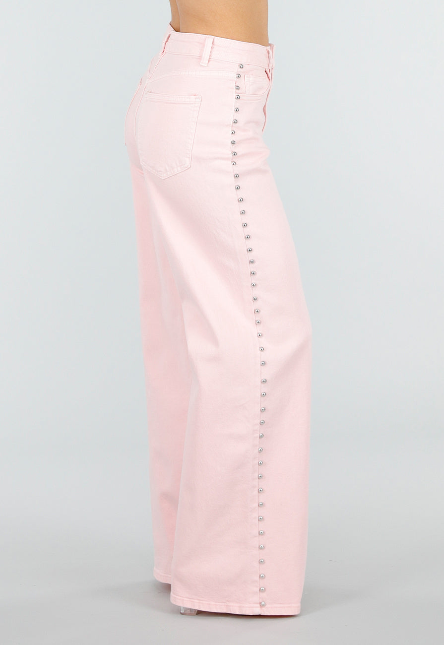 Lichtroze High Waist Wide Leg Jeans met Stud Details