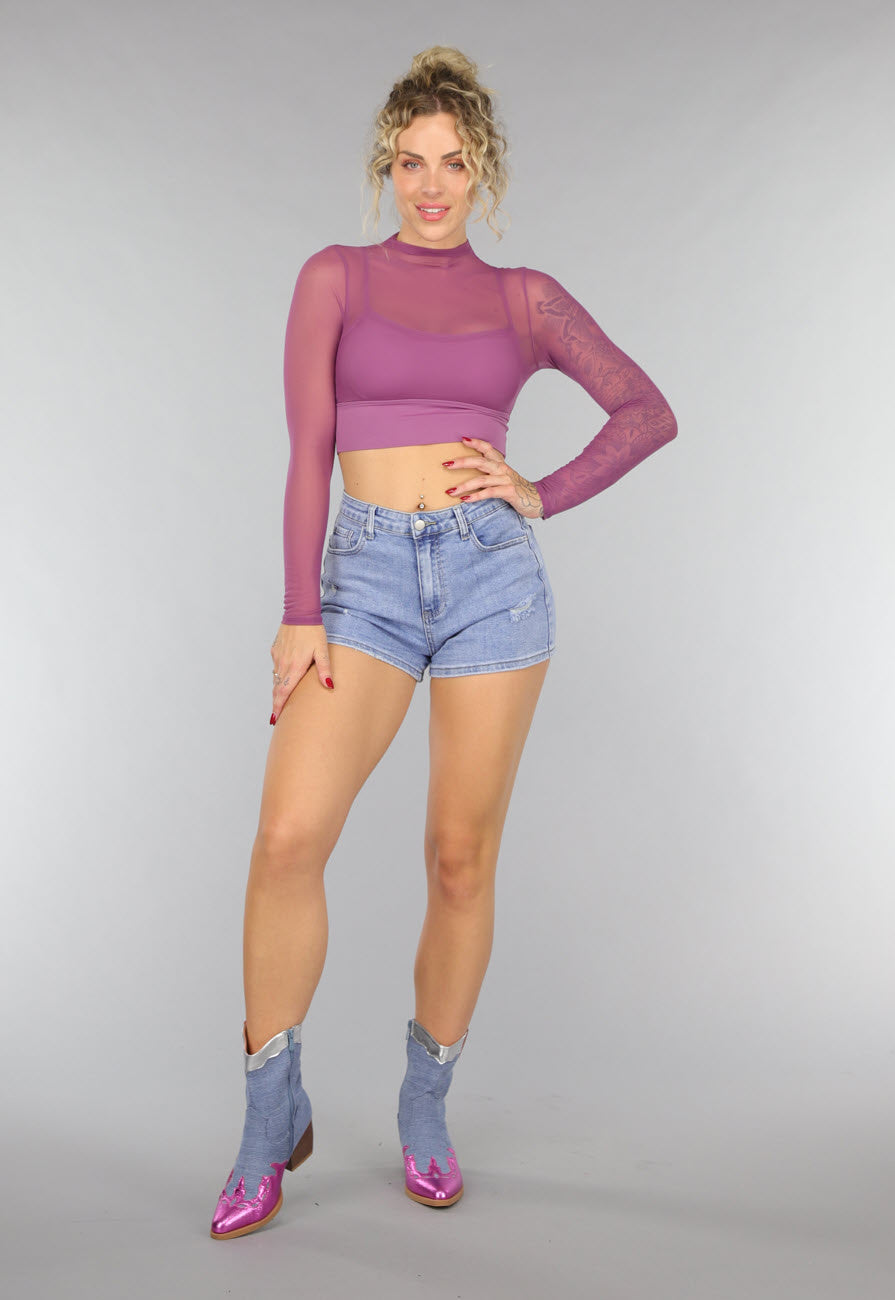 Aubergine See Through Sporttop met Ingewerkte Sport-bh