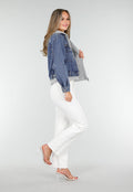 Blauwe Denim Jas met Grijze Capuchon en Zakken met Rits
