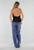 Zwarte Satijnen Halter Top met Overslag en Asymmetrische Zoom