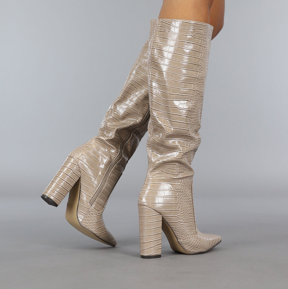 Khaki Croco Laars met Spitse Neus
