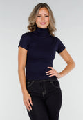 Navy Stretch Top met Col en Korte Mouwen