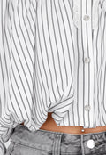 Grijs Wit Gestreepte Blouse met Kant en Lange Mouwen