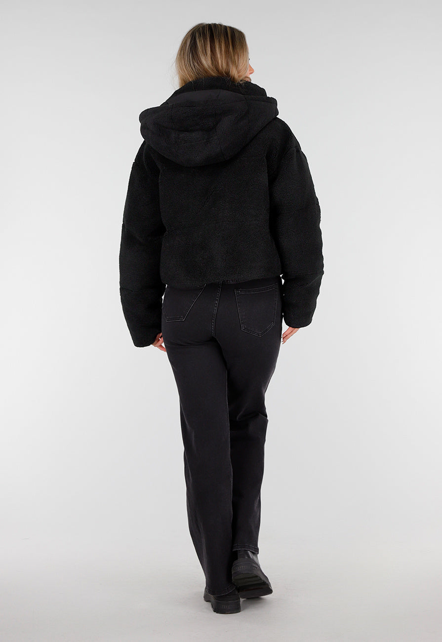 Zwarte Teddy Jas met Capuchon en Ritsluiting