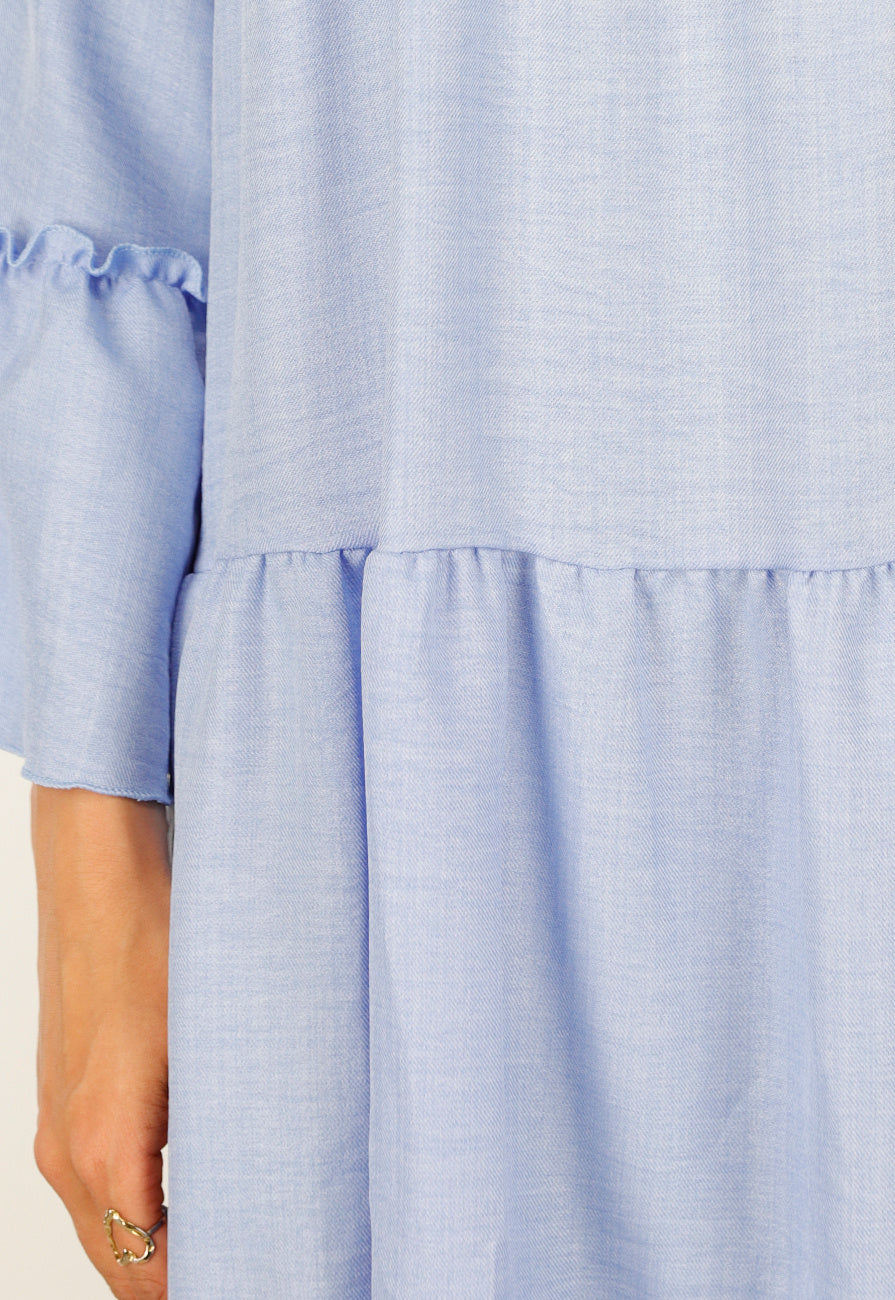 Lichtblauwe Midi Jurk met V-hals en Ruffle Details