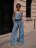 Blauwe Burgundy Gestreepte Two Piece Set met Mouwloze Top en Wide Leg Broek