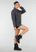 Donkergrijze Denim Blouse met Drukknoopsluiting en Lange Mouwen