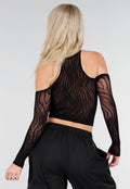 Zwarte Fishnet Halter Crop Top met Cut Out en Open Schouders