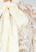 Lichtgele Transparante Kanten Blouse met Strikkraag en Lange Mouwen