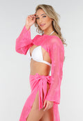 Felroze Gehaakte Cover-Up Set met Hartjespatroon en Bolero